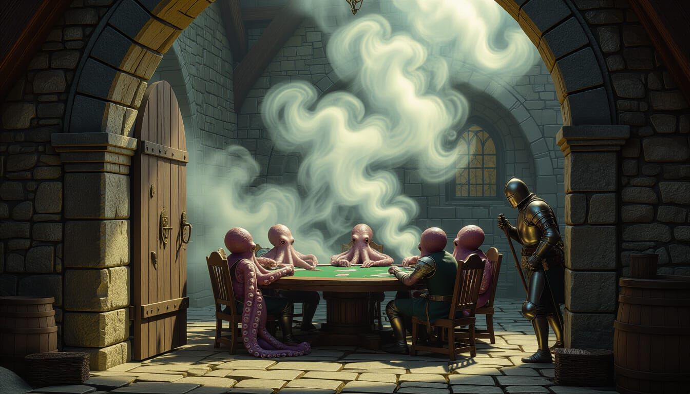 Octopuses Playing Poker in Medieval Smoky Room
