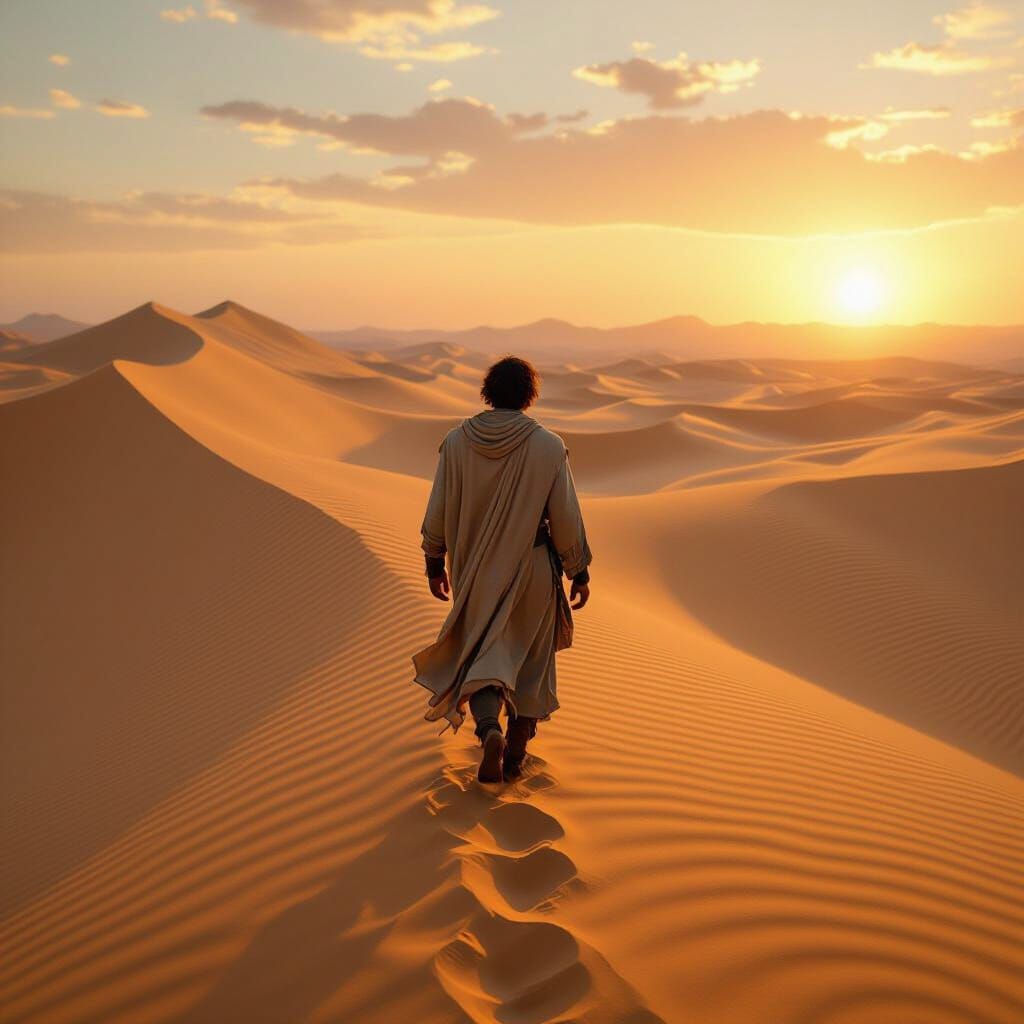 Man's Mystical Quest Through Golden Dunes at Sunset