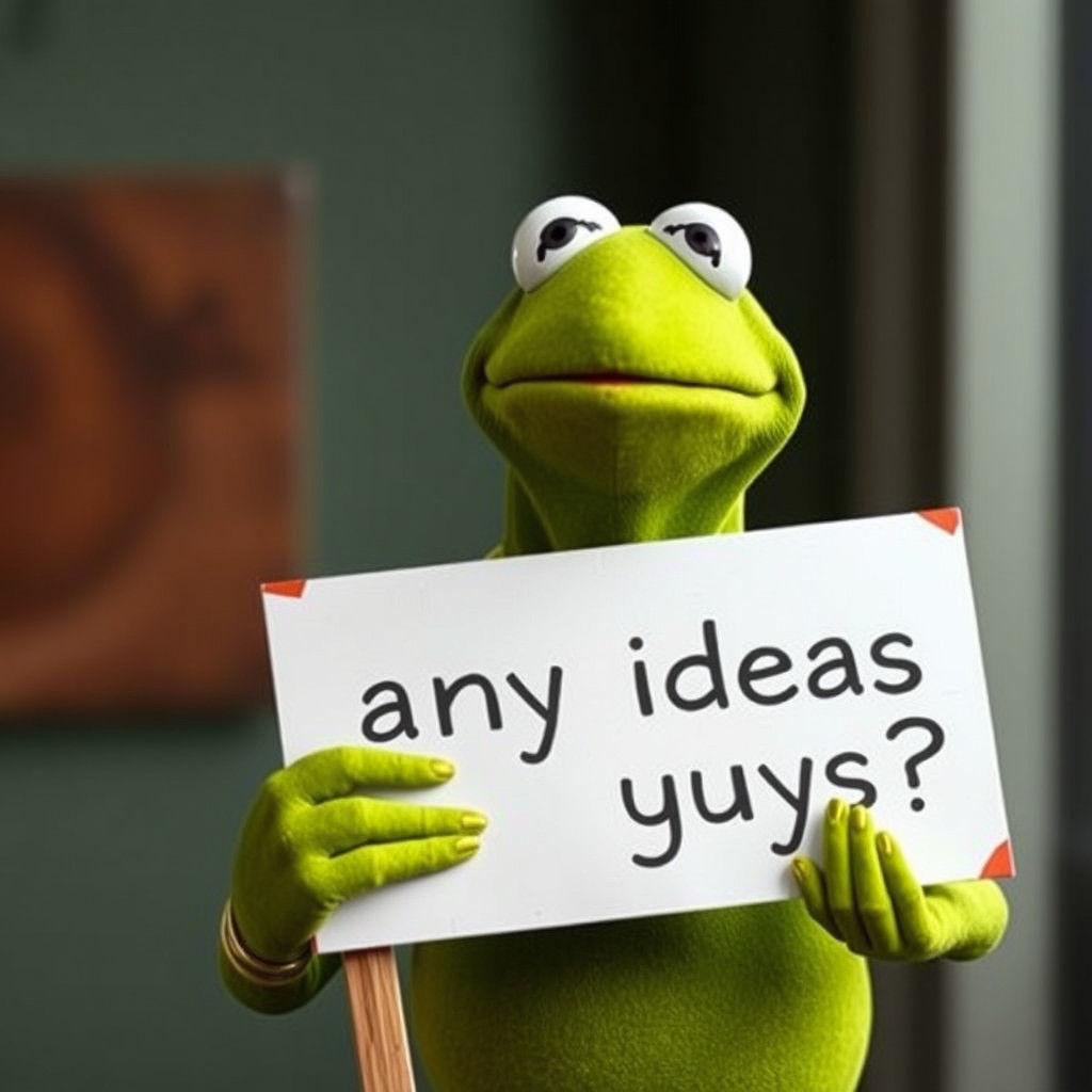 Kermit holding a sign with a title "any ideas guys?" And confused face