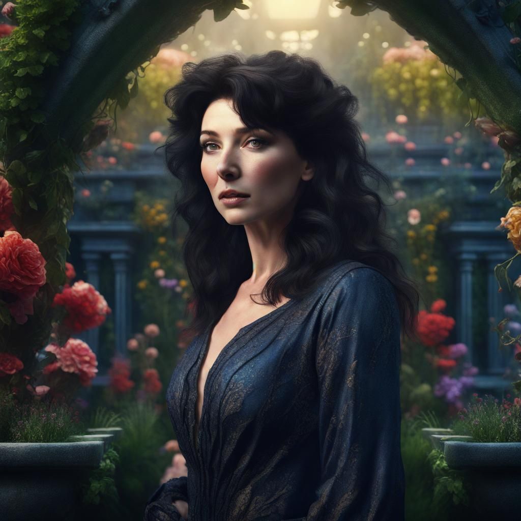 Dark-Haired Woman in Mysterious Garden: Detailed Matte Paint...