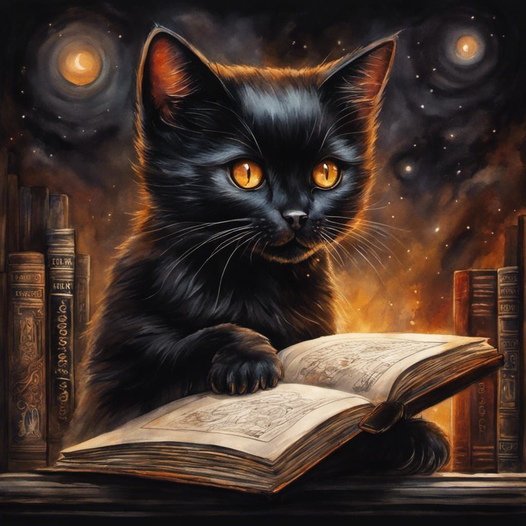 Chibi Black Cat with Necronomicon in Watercolor Style