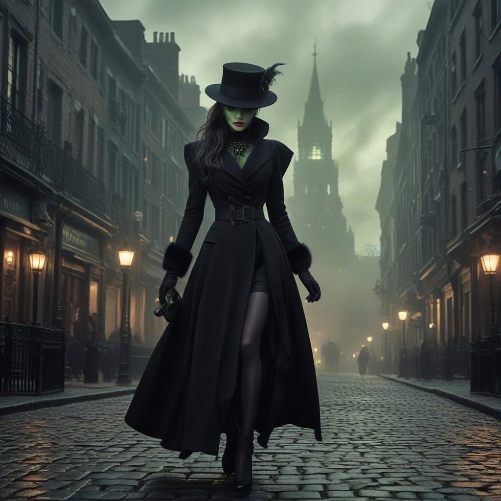 Femme Fatale Spy Emerges from Victorian-Era City Fog