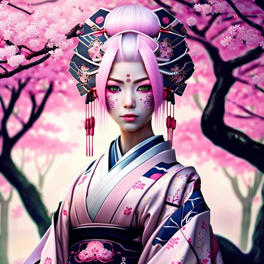 Cyborg Geisha Under Cherry Trees: Fantasy Art