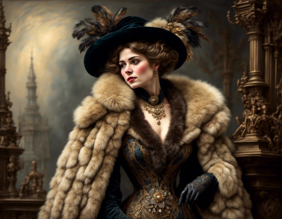 victorian woman in fur coat