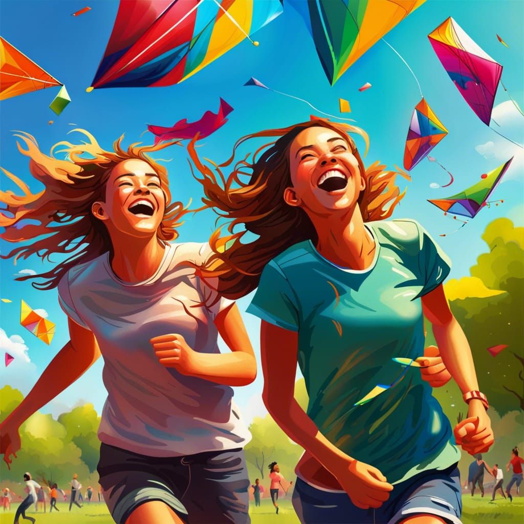 Laughing Youth Soaring Kites: Hyperrealistic Splash Art