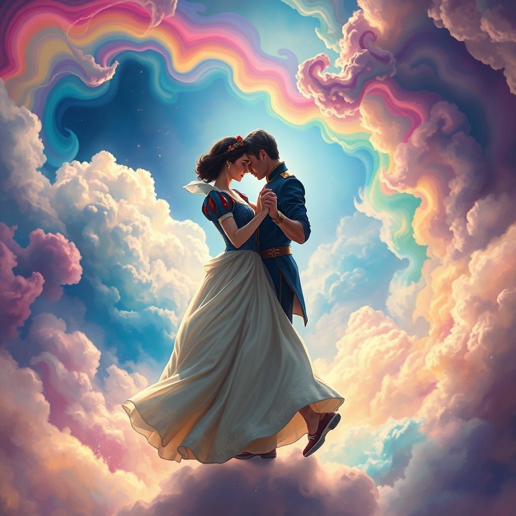 Snow White and Prince Charming Dance Amidst Vibrant Clouds i...