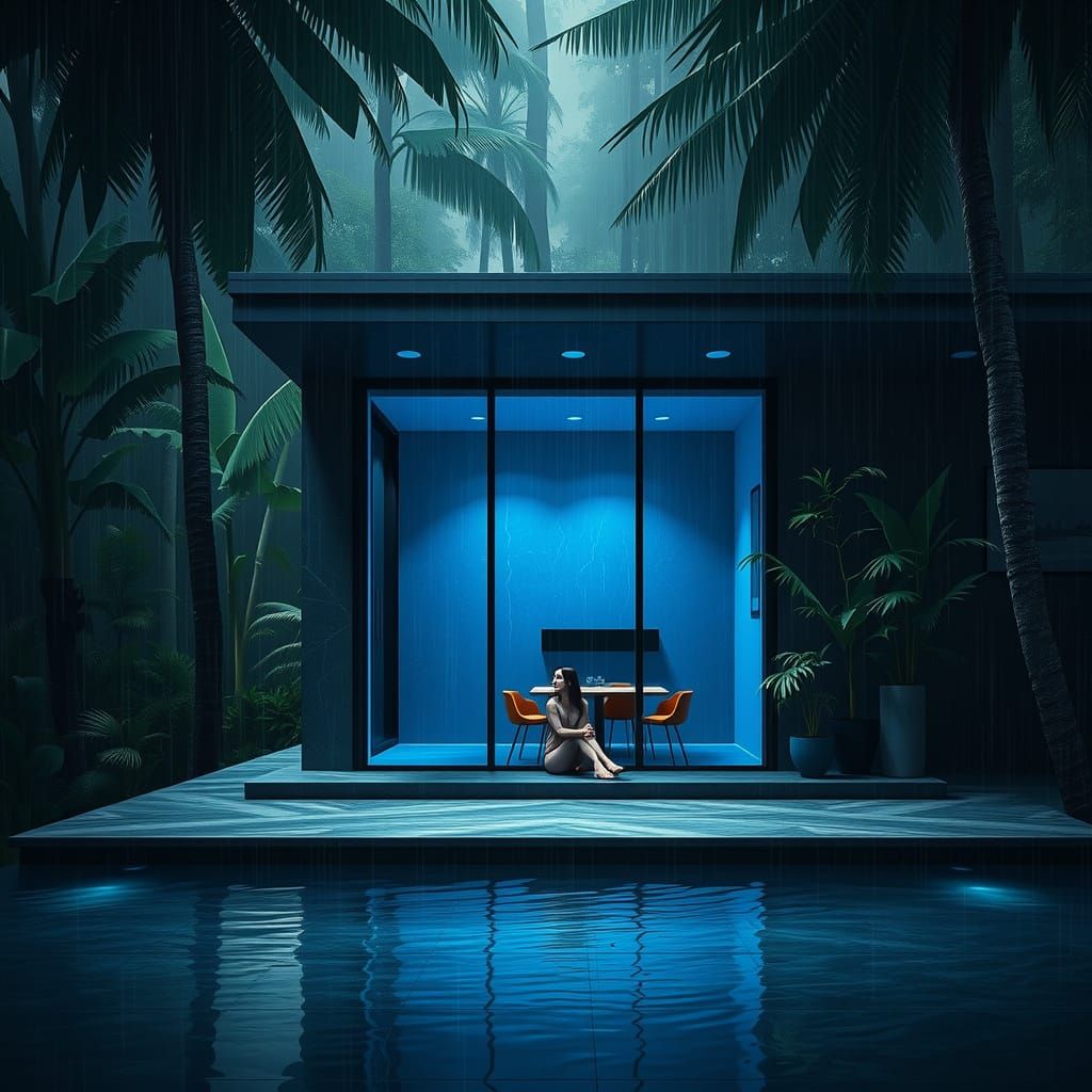 Modern Villa in Rainy Forest: Cinematic Digital Painting