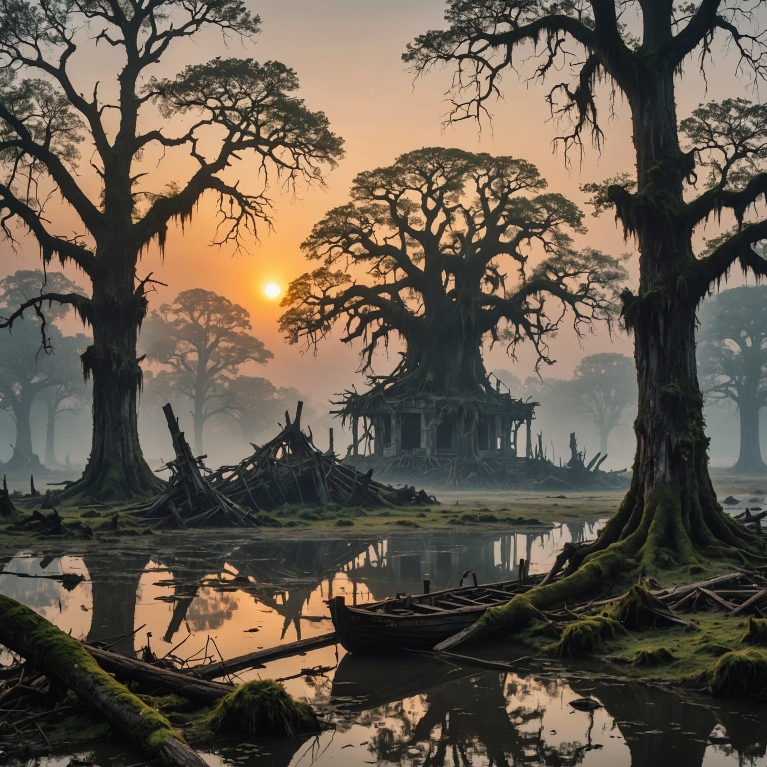 Mysterious Swamp Ruins at Sunset