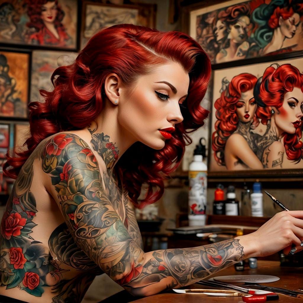 Tattoo Artist in 1950s Pinup Watercolor Style