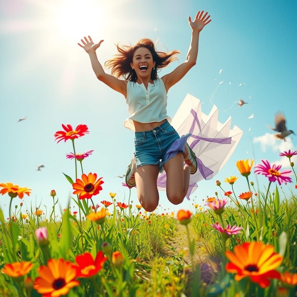 Energetic Woman Leaps in a Vibrant Sunlit Meadow
