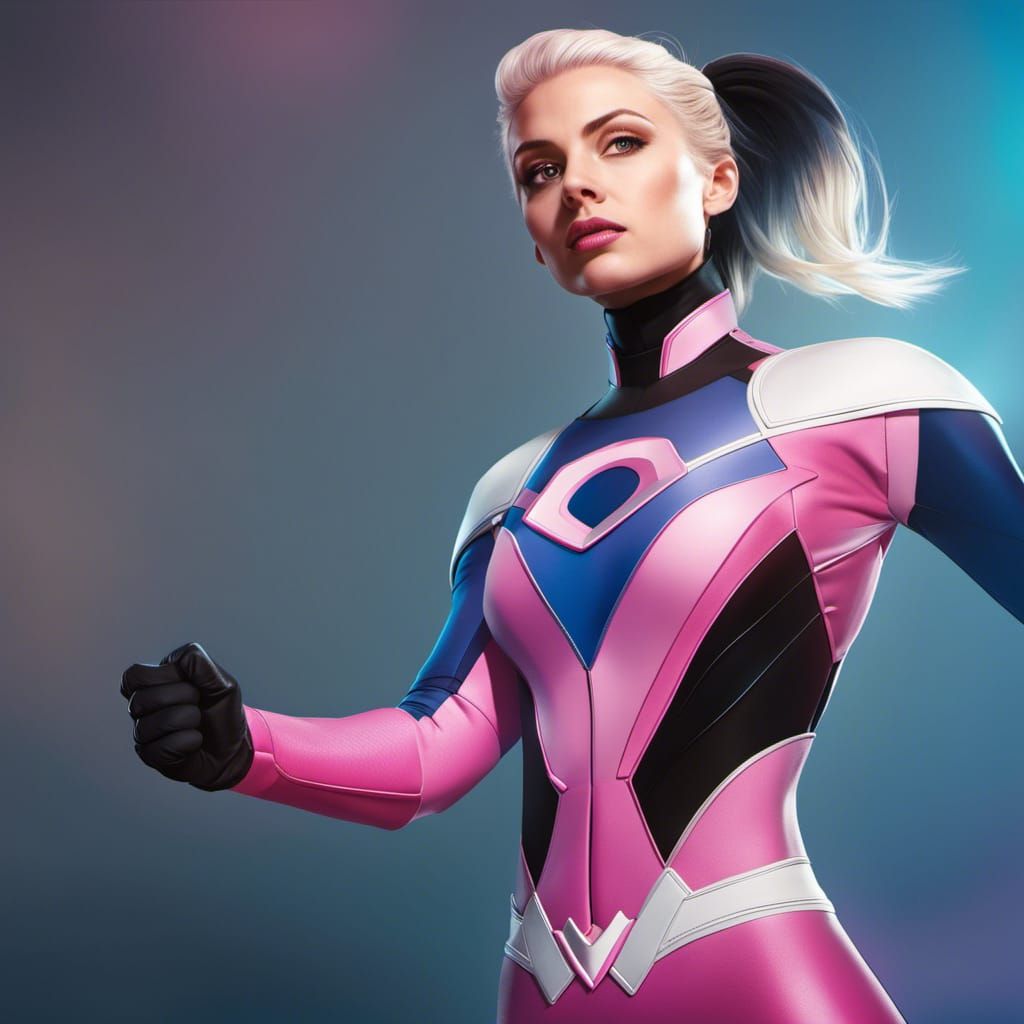 Young Female Superhero in Pink and Blue Suit