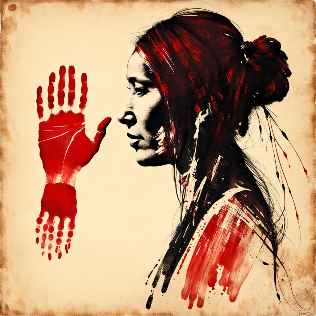 Native American Woman Profile in Red Handprint Poster