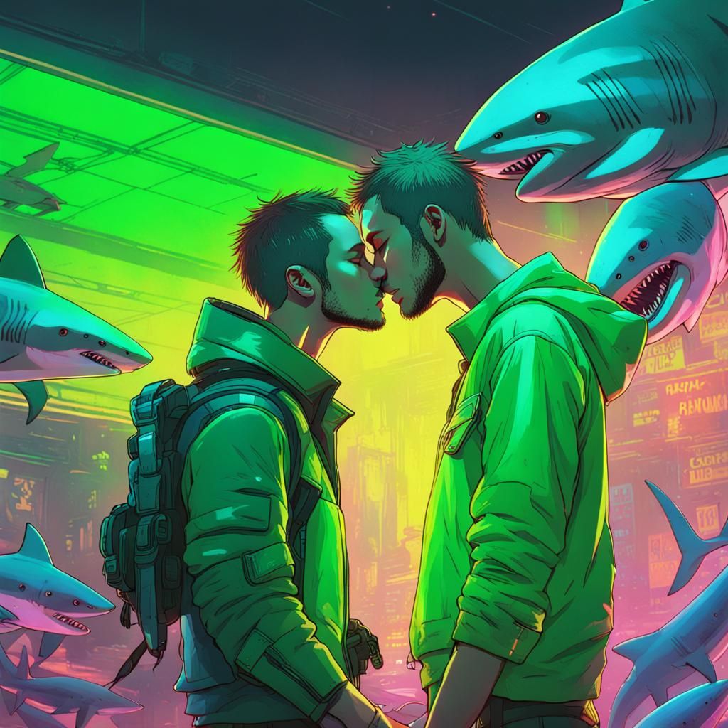 Boys Kissing Surrounded by Sharks in Cyberpunk Style