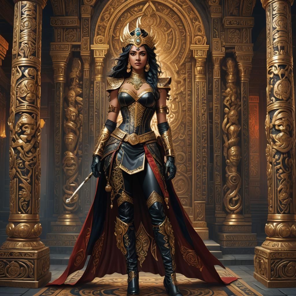 Hindu Goddess in Leather, Hyperrealistic Digital Art