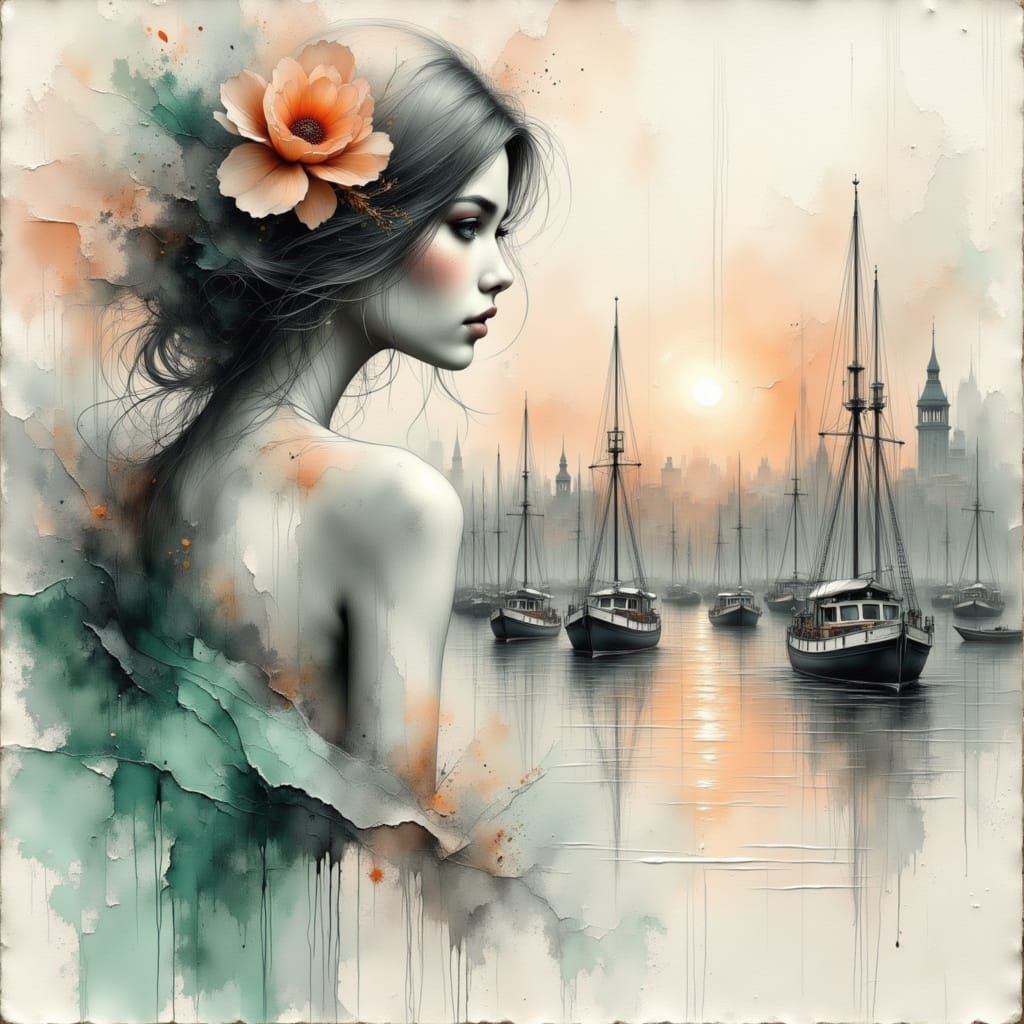 Ethereal Gay Man in Gritty Cityscape, Ink Charcoal Style