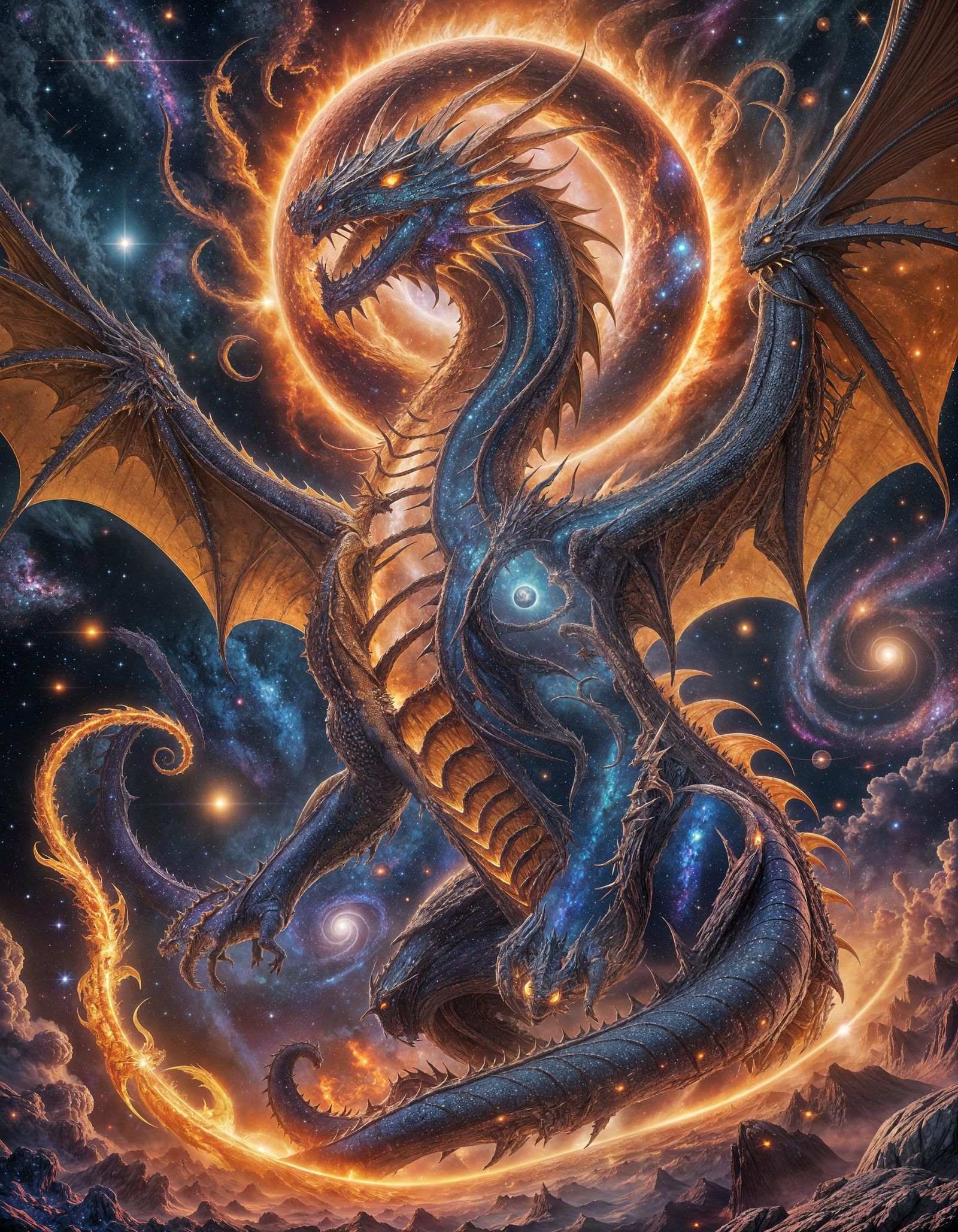 Epic Golden Wyvern Dragon Envelops Cosmic Sun in Splendid De...