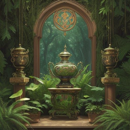 Mystical Pre-Raphaelite Still Life with Reflected Landscape