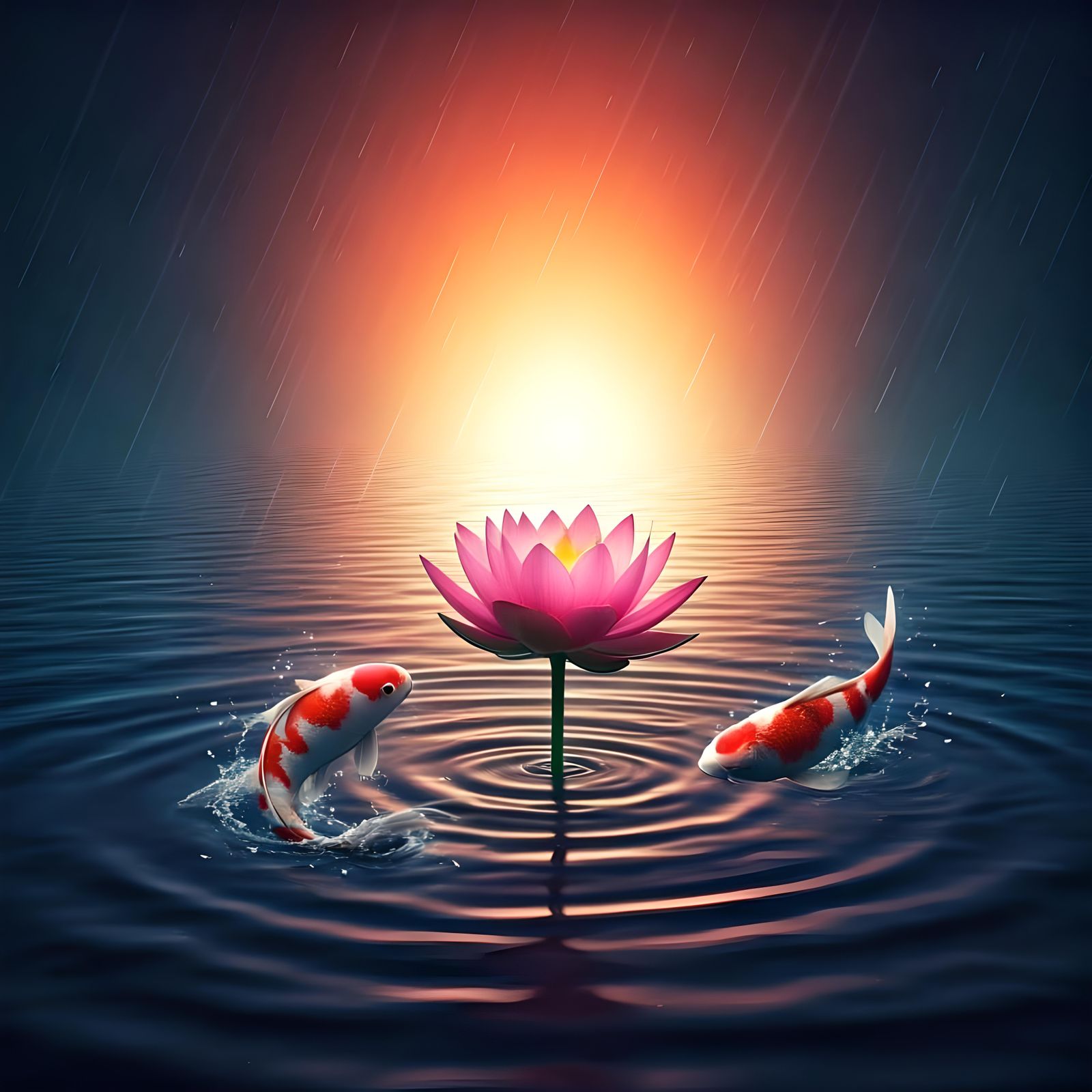 Pink Lotus with Koi Fish in 3D Digital Art