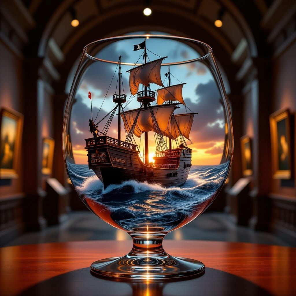 Modern Finance Whale Ship in Wine Glass on Stormy Seas