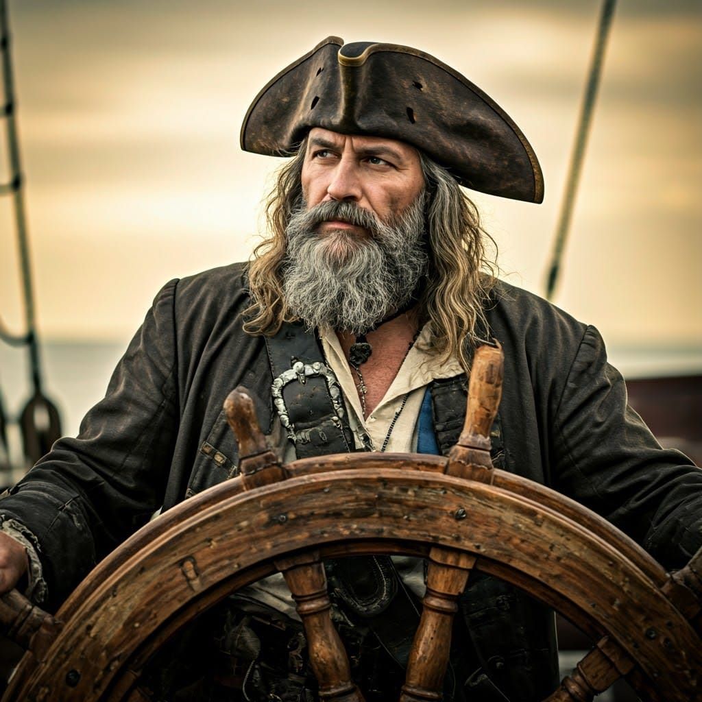 Rugged Pirate on a Weathered Ship at Sunset