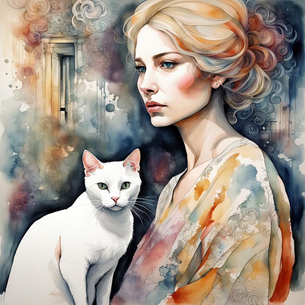 Lady with White Cat: Watercolor Doodle Art