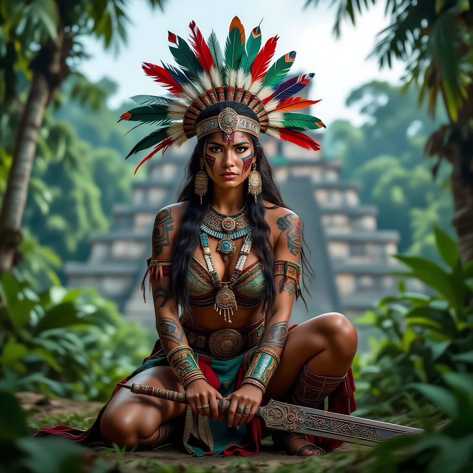 Maya Warrior Woman in Lush Jungle