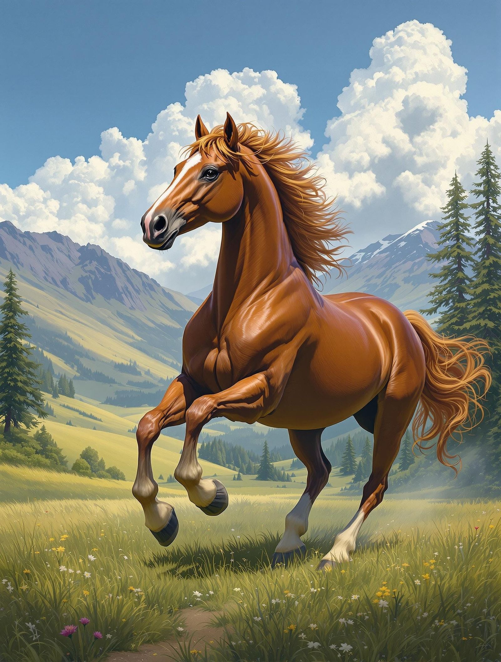 Majestic Chestnut Stallion in a Verdant Meadow Landscape