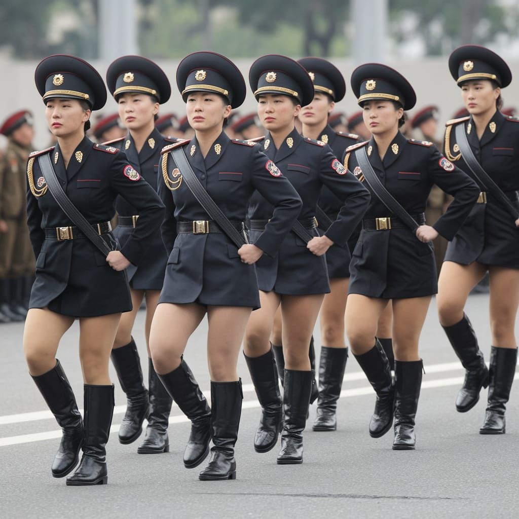 North Korean Female Soldiers in Black Leather Boots Gooseste...