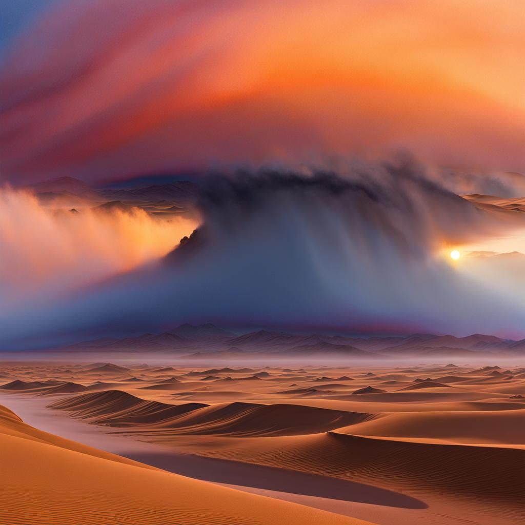 Watercolor Sandstorm at Dawn: Hyperrealistic Concept Art