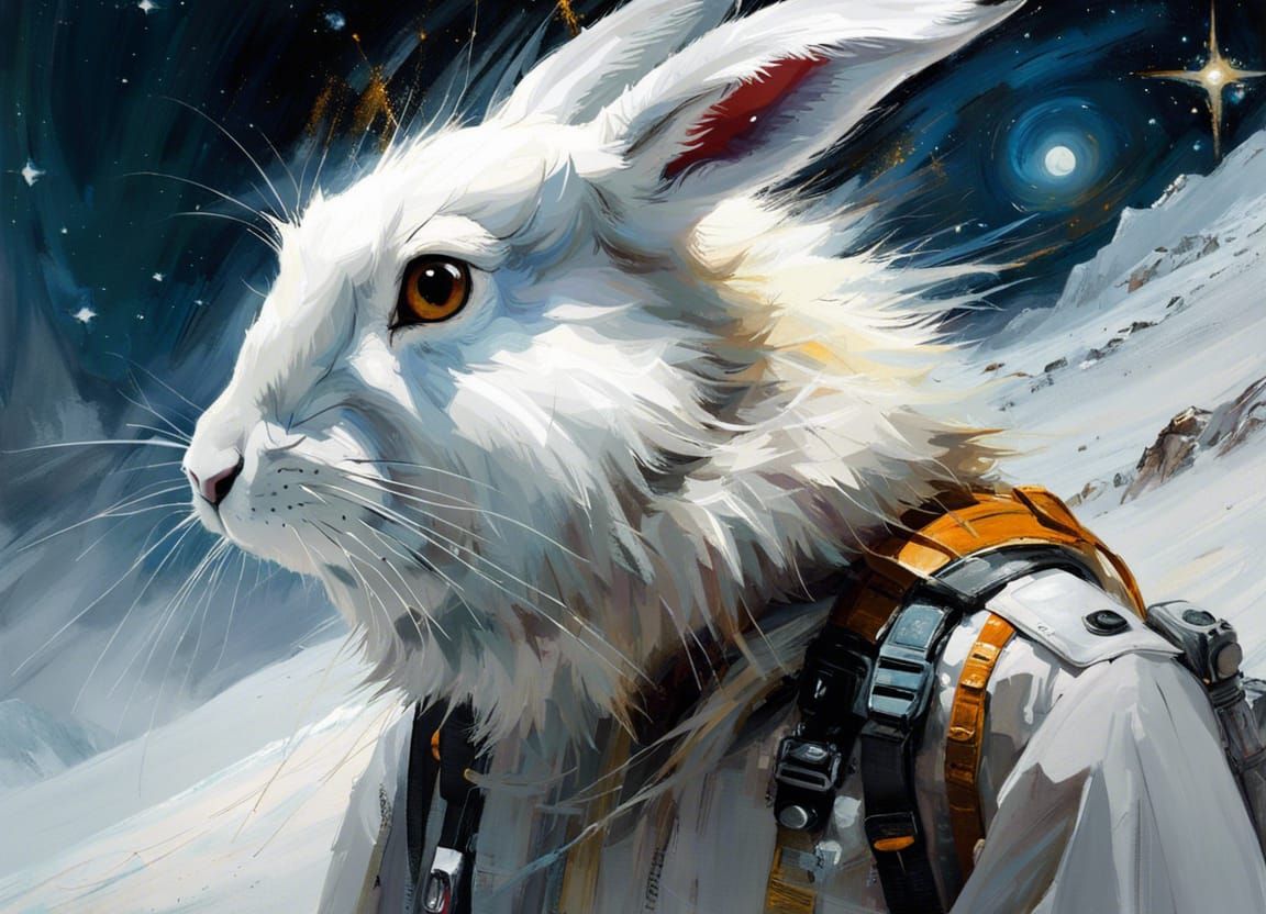 Arctic Hare Portrait Under Starry Mountain Sky