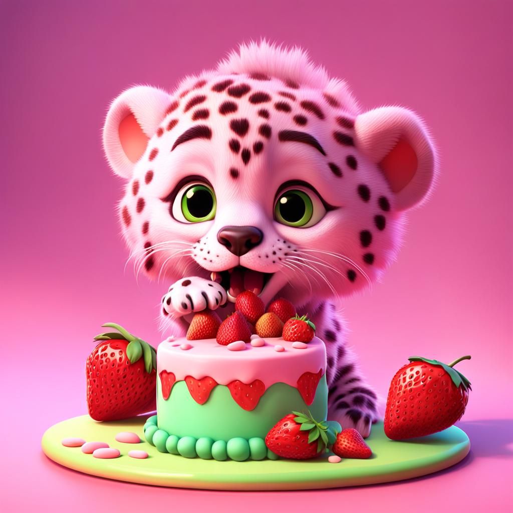 Pink Fluffy Cheetah Eating Cake: Pixar-style 3D Art