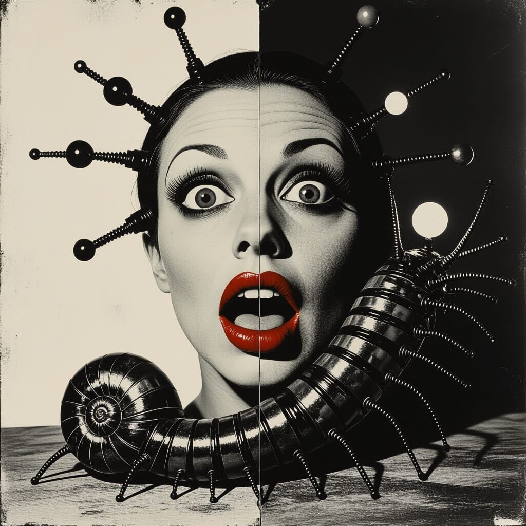 Grotesque Centipede Snail Hybrid in Grungy Collage