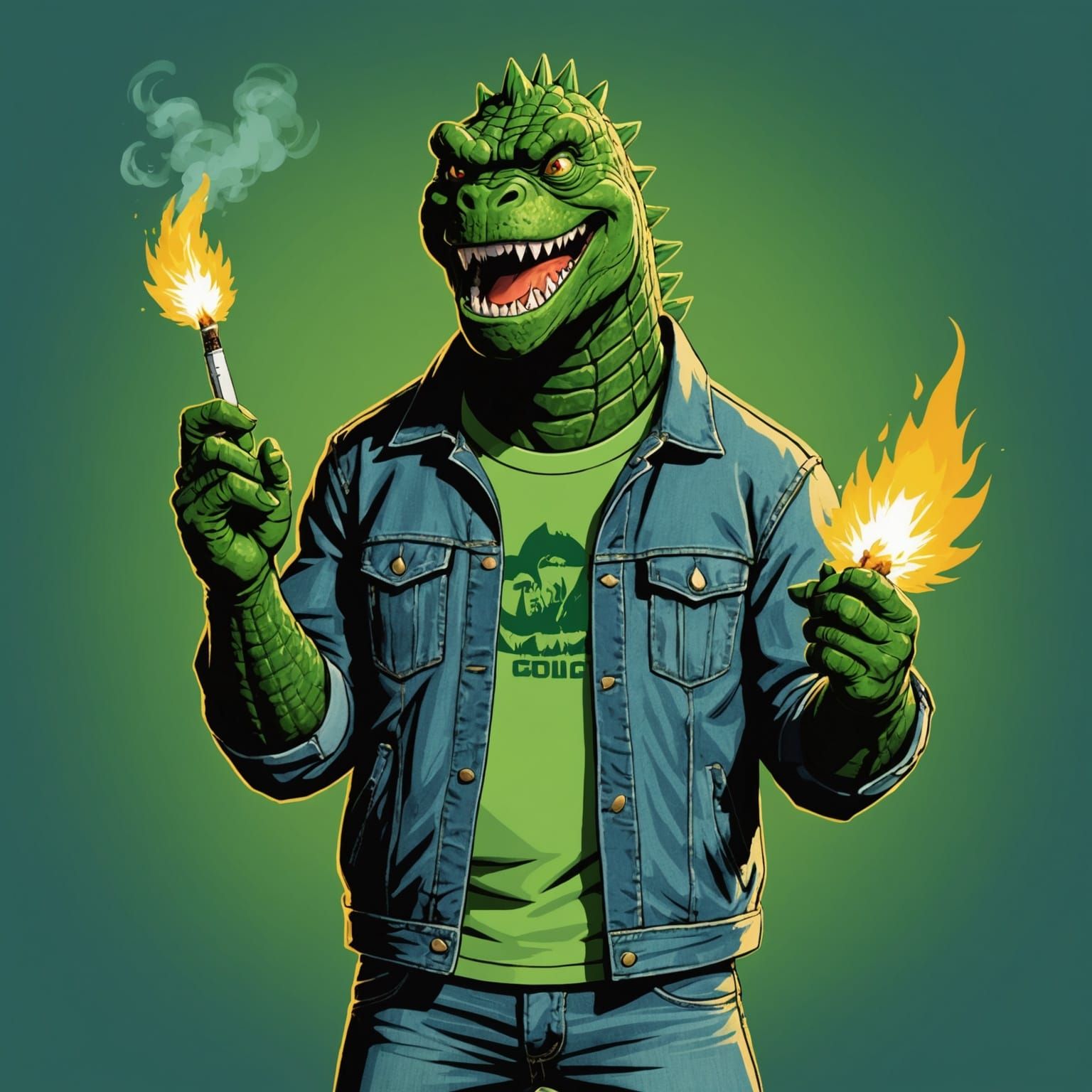 Happy Godzilla Cartoon Character with Spliff