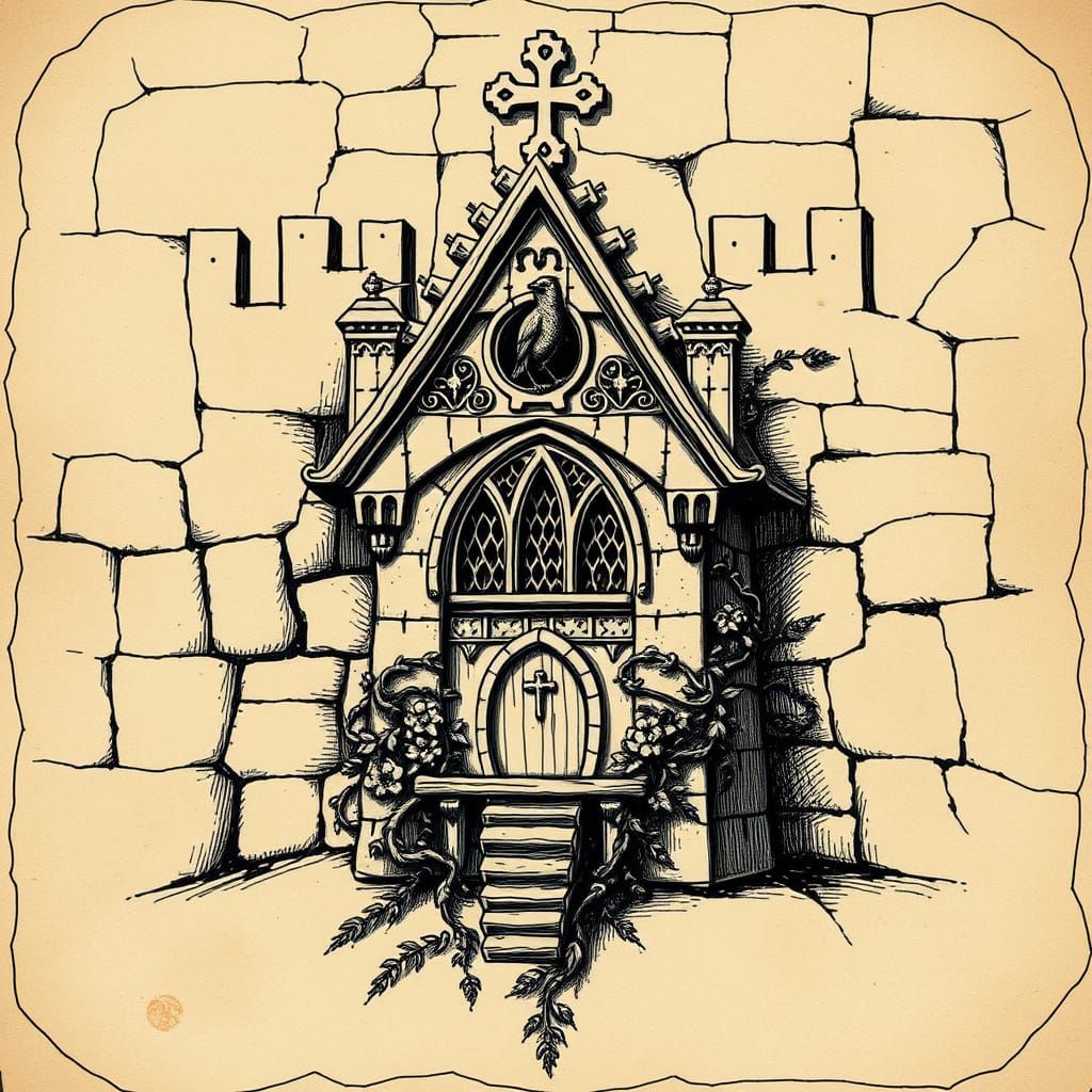 A medieval stone birdhouse built into the walls of a castle — stylized like an old storybook engraving with dark ink and...