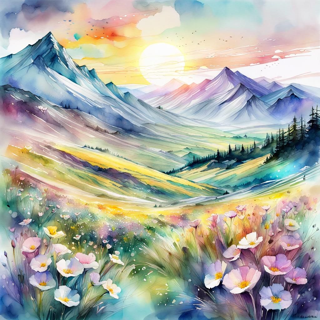 Primrose Field: Digital Watercolor Fantasy Landscape