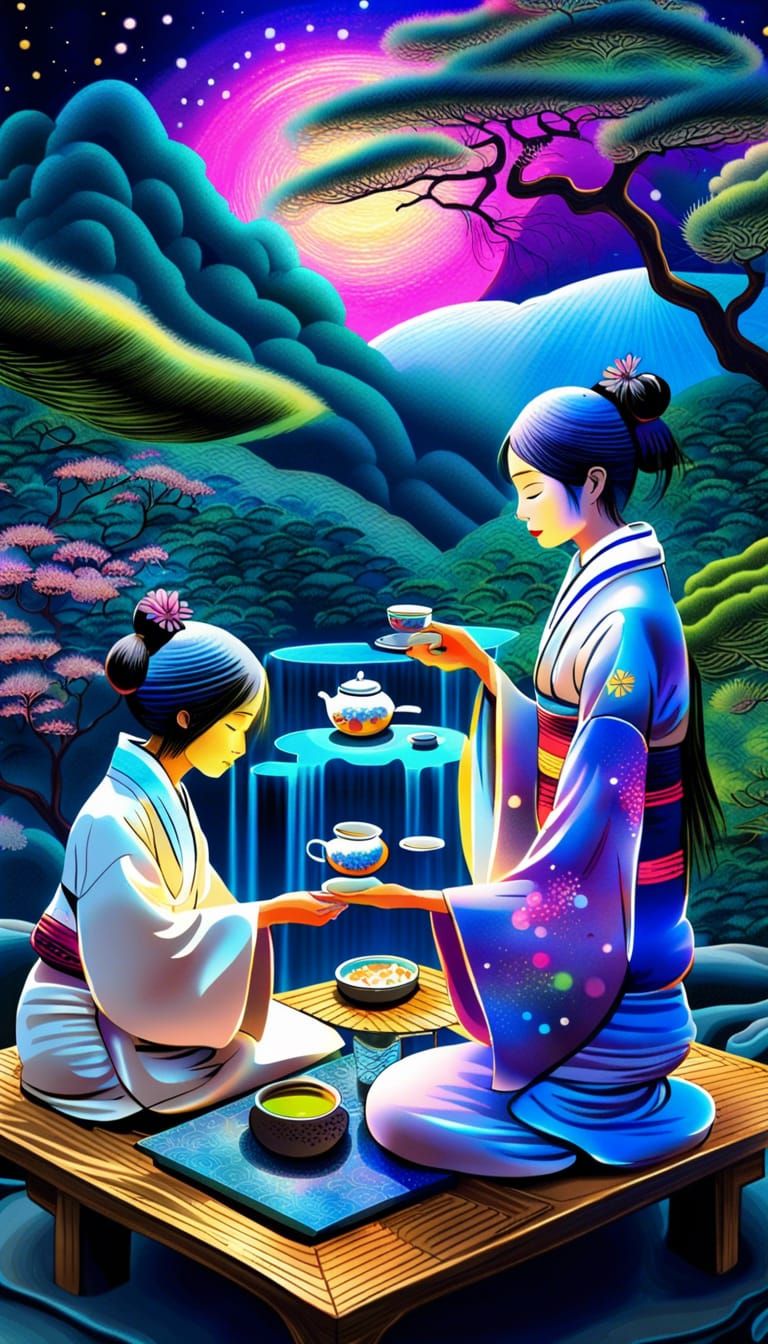 Zen Garden Tea Ceremony: Holographic Astral Illustration