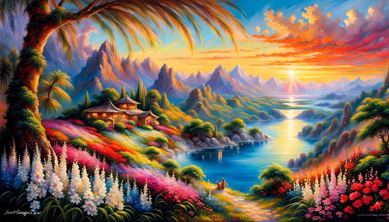 Lush Mountain Landscape with Waterfalls and Flowers