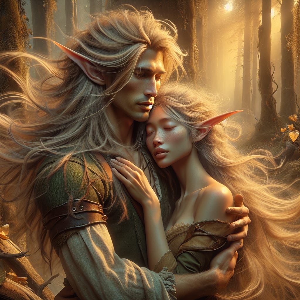 Enchanted Elven Couple in Golden Forest