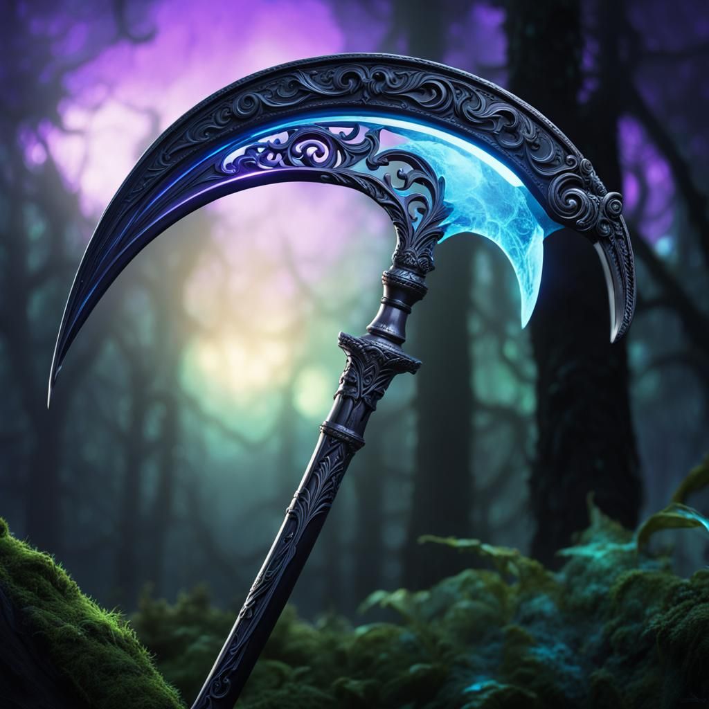 Mystical Scythe in Dark Fantasy Forest