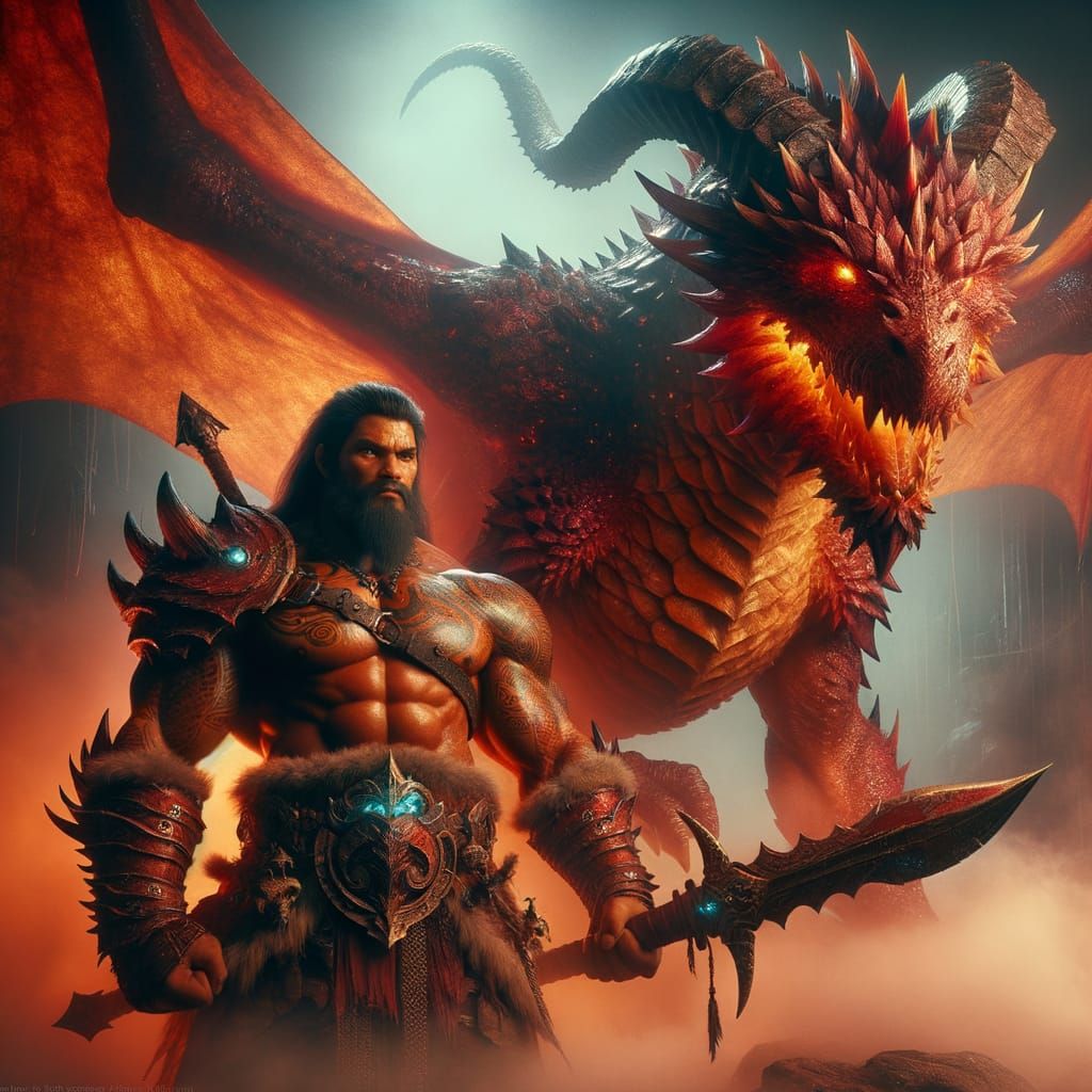 Barbarian and Dragon Companions in a Fiery Landscape