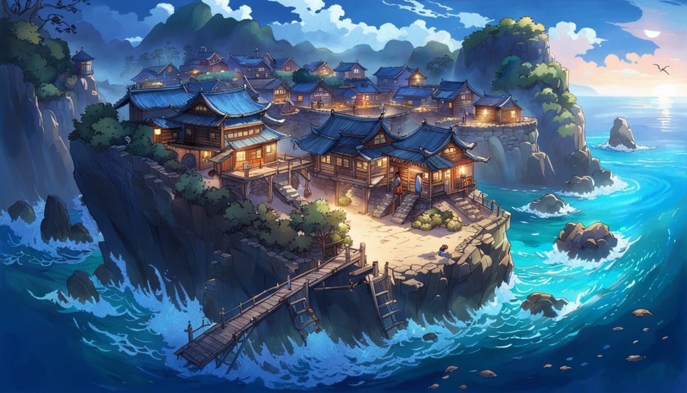 Coastal Village with Stargate in Ukiyo-e Style