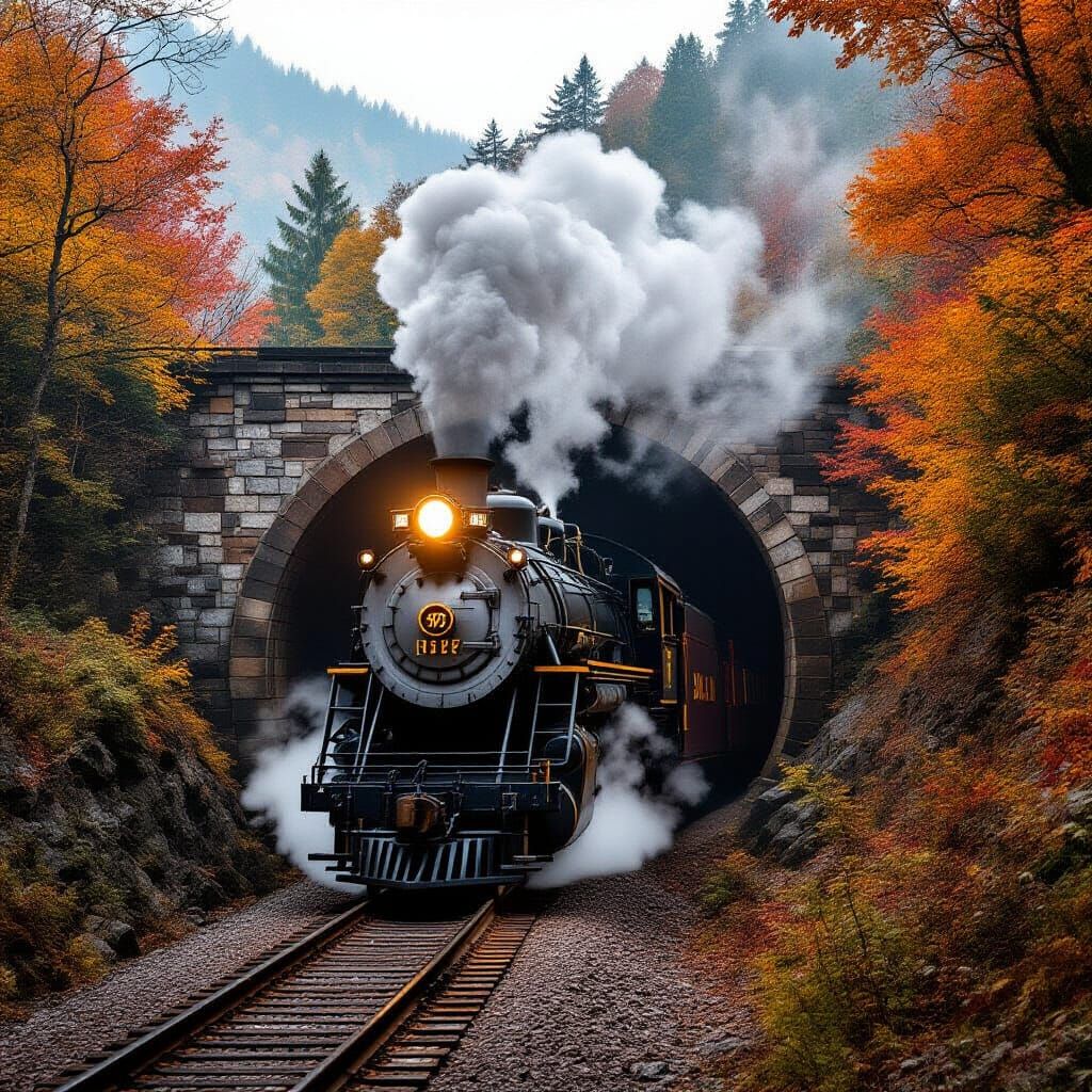 Majestic Steam Train Emerges from Mountain Tunnel in Autumn ...