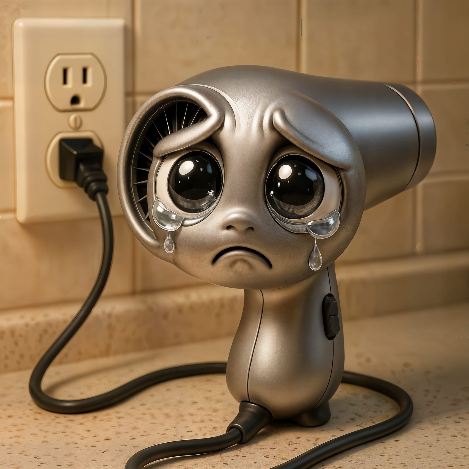Sad Silver Cartoon Hair Dryer in CGI Style