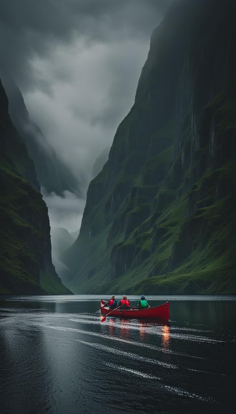 Canoe Journey Through Fjords in Rainy Weather
