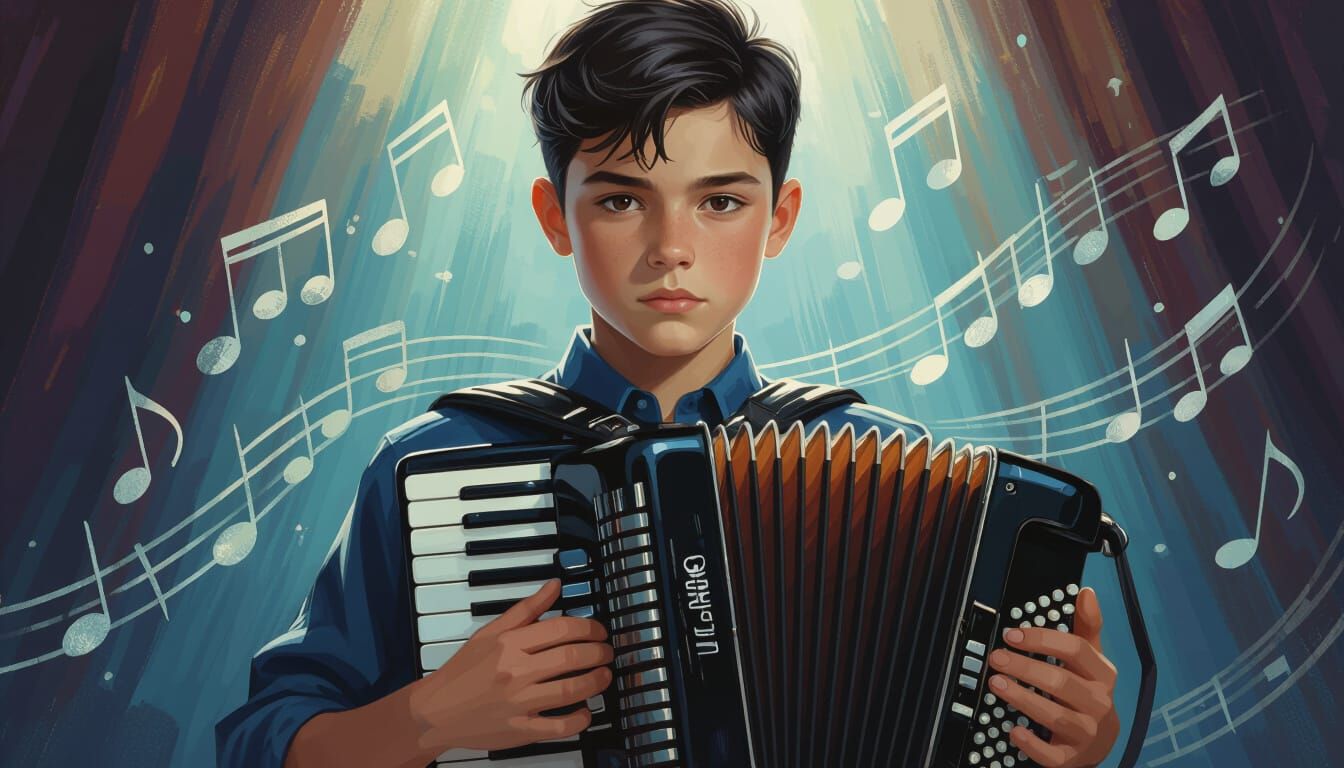 Boy with Accordion in Painterly Digital Art Style