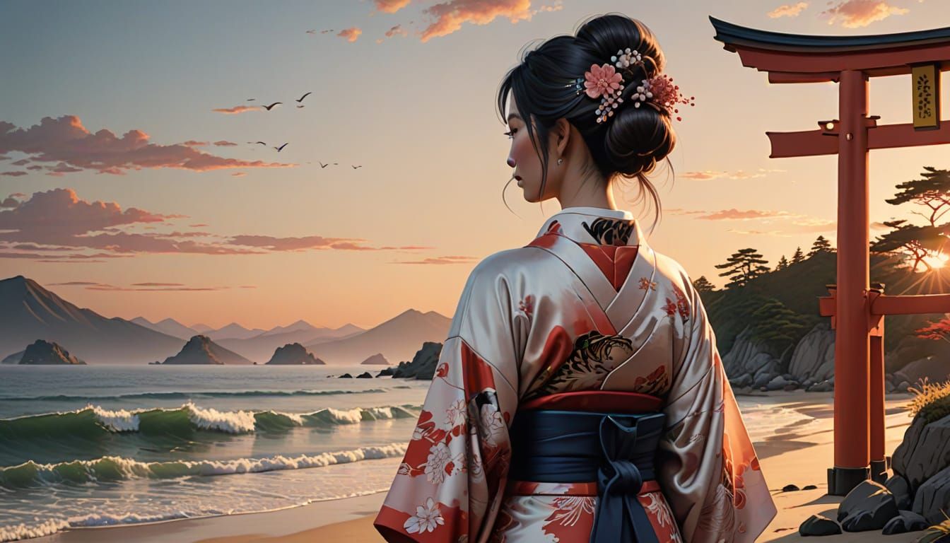 Japanese Woman on Beach at Dusk in Traditional Style
