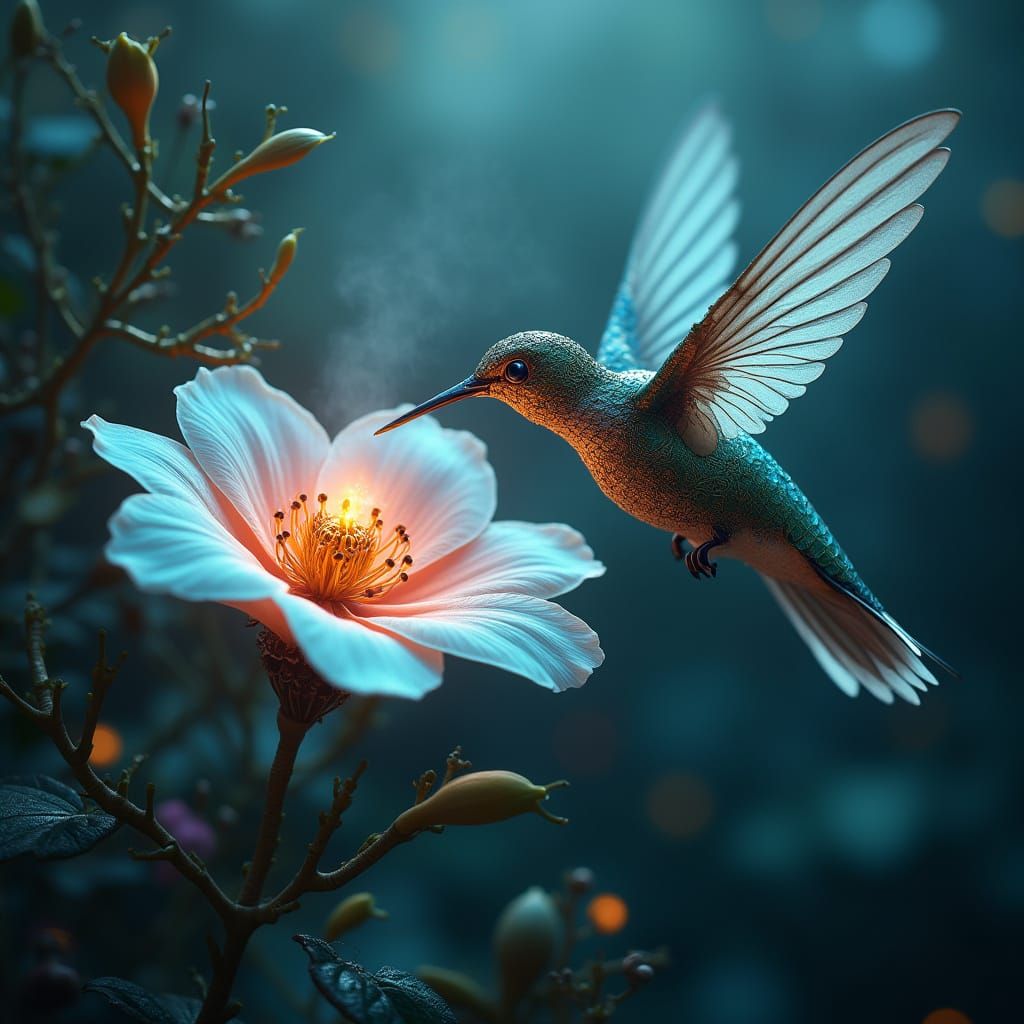 Clockwork Hummingbird in Bioluminescent Garden, Neo-Baroque ...