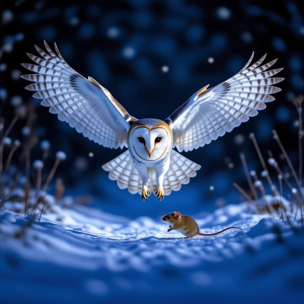 Snowy Barn Owl Hunting Mouse at Night