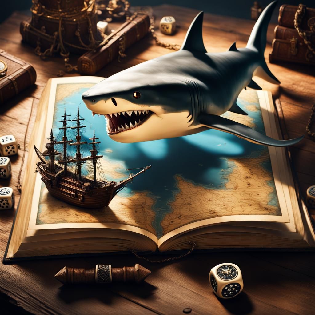 Giant Shark Attacks Pirate Ship: Dark Fantasy Art
