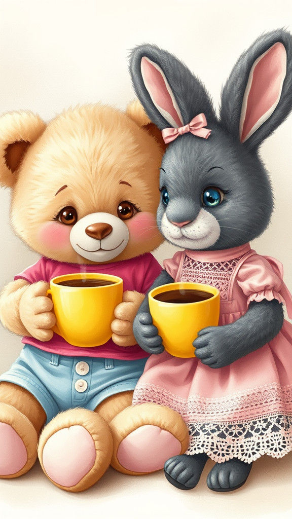 Teddy Bear and Bunny Coffee Date, Whimsical Illustration